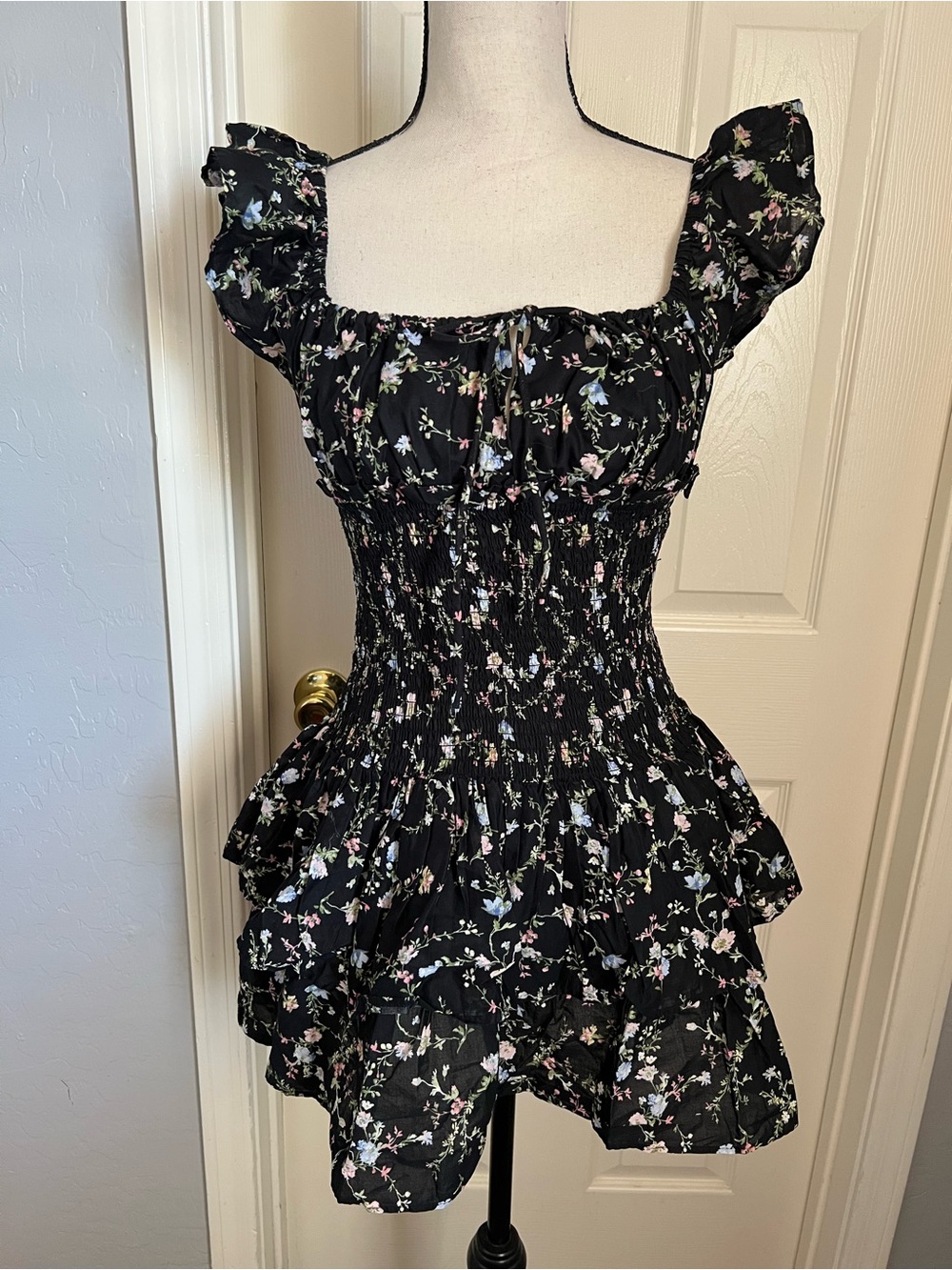 H&M Black Floral Ruffled Smocked Dress